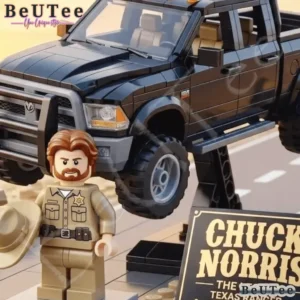Close view of the Texas Ranger Chuck Norris commemorative building block set with ranger figure truck front and plaque.